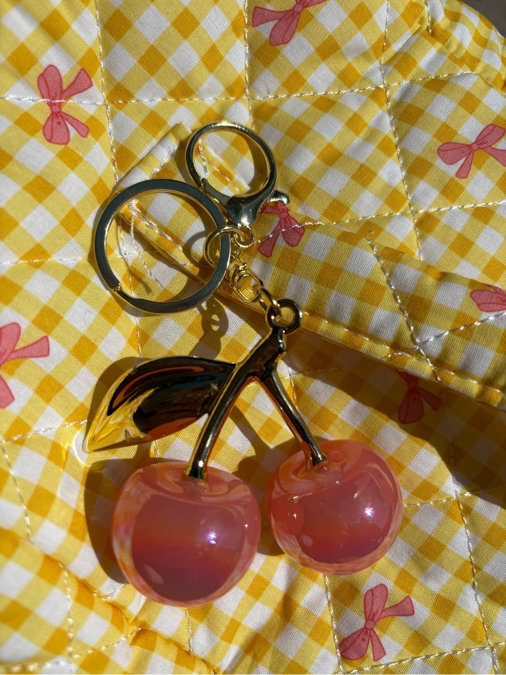 Gold Cherry Keychain with Pink Cherries
